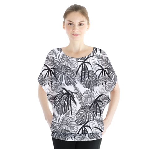 Black And White Leafs Pattern, Tropical Jungle, Nature Themed Batwing Chiffon Blouse by Casemiro
