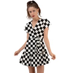 Black And White Chessboard Pattern, Classic, Tiled, Chess Like Theme Flutter Sleeve Wrap Dress by Casemiro
