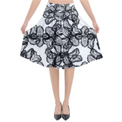Stylized Botanical Motif Black And White Print Flared Midi Skirt by dflcprintsclothing
