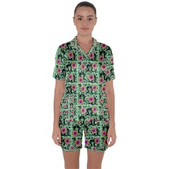 60s Girl Floral Green Satin Short Sleeve Pyjamas Set by snowwhitegirl