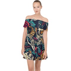 Vintage Art Tattoos Colorful Seamless Pattern Off Shoulder Chiffon Dress by Amaryn4rt