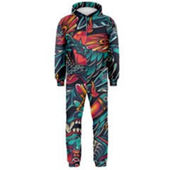 Vintage Tattoos Colorful Seamless Pattern Hooded Jumpsuit (men)  by Amaryn4rt