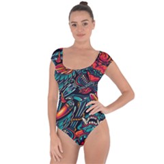 Vintage Tattoos Colorful Seamless Pattern Short Sleeve Leotard  by Amaryn4rt