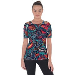 Vintage Tattoos Colorful Seamless Pattern Shoulder Cut Out Short Sleeve Top by Amaryn4rt