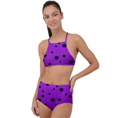 Two Tone Purple With Black Strings And Ovals, Dots  Geometric Pattern High Waist Tankini Set by Casemiro