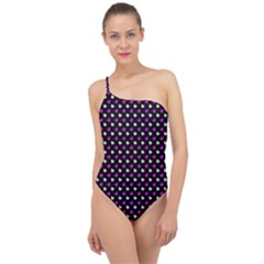 White And Pink Hearts At Black, Vector Handrawn Hearts Pattern Classic One Shoulder Swimsuit by Casemiro
