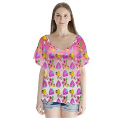 Girl With Hood Cape Heart Lemon Pattern Red Ombre V-neck Flutter Sleeve Top by snowwhitegirl