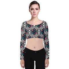 Boho Geometric Velvet Long Sleeve Crop Top by tmsartbazaar