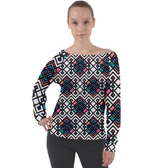 Boho Geometric Off Shoulder Long Sleeve Velour Top by tmsartbazaar