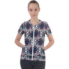 Boho Geometric Short Sleeve Zip Up Jacket by tmsartbazaar