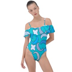 Cloudy Blue Moon Frill Detail One Piece Swimsuit by tmsartbazaar