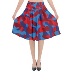 Red And Blue Camouflage Pattern Flared Midi Skirt by SpinnyChairDesigns