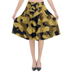 Black Yellow Brown Camouflage Pattern Flared Midi Skirt by SpinnyChairDesigns