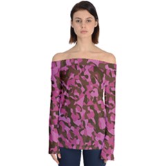 Pink And Brown Camouflage Off Shoulder Long Sleeve Top by SpinnyChairDesigns