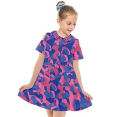 Blue And Pink Camouflage Pattern Kids  Short Sleeve Shirt Dress by SpinnyChairDesigns