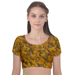 Brown And Orange Camouflage Velvet Short Sleeve Crop Top  by SpinnyChairDesigns