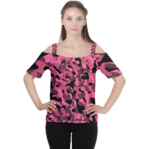 Black And Pink Camouflage Pattern Cutout Shoulder Tee by SpinnyChairDesigns