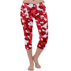 Red And White Camouflage Pattern Capri Yoga Leggings by SpinnyChairDesigns