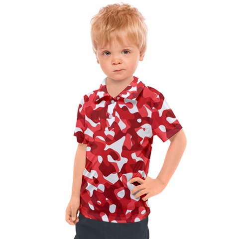 Red And White Camouflage Pattern Kids  Polo Tee by SpinnyChairDesigns