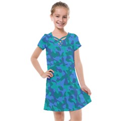 Blue Turquoise Teal Camouflage Pattern Kids  Cross Web Dress by SpinnyChairDesigns