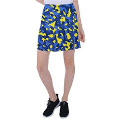 Blue And Yellow Camouflage Pattern Tennis Skirt by SpinnyChairDesigns
