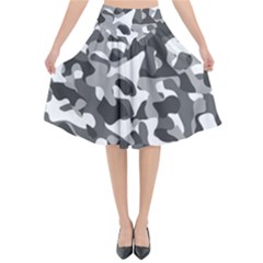 Grey And White Camouflage Pattern Flared Midi Skirt by SpinnyChairDesigns