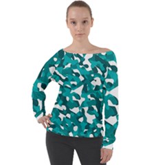 Teal And White Camouflage Pattern Off Shoulder Long Sleeve Velour Top by SpinnyChairDesigns
