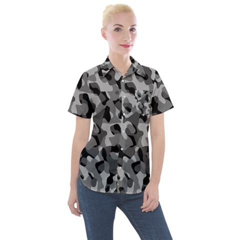 Grey And Black Camouflage Pattern Women s Short Sleeve Pocket Shirt by SpinnyChairDesigns