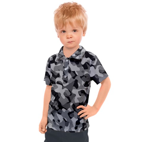 Grey And Black Camouflage Pattern Kids  Polo Tee by SpinnyChairDesigns