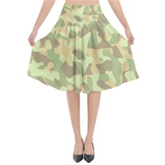 Light Green Brown Yellow Camouflage Pattern Flared Midi Skirt by SpinnyChairDesigns