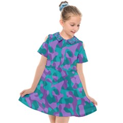 Purple And Teal Camouflage Pattern Kids  Short Sleeve Shirt Dress by SpinnyChairDesigns