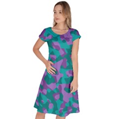 Purple And Teal Camouflage Pattern Classic Short Sleeve Dress by SpinnyChairDesigns