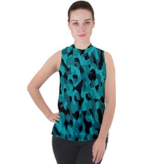 Black And Teal Camouflage Pattern Mock Neck Chiffon Sleeveless Top by SpinnyChairDesigns