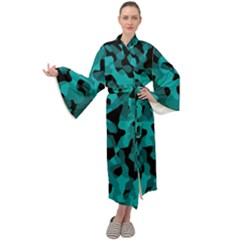 Black And Teal Camouflage Pattern Maxi Velour Kimono by SpinnyChairDesigns