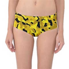 Black And Yellow Camouflage Pattern Mid-waist Bikini Bottoms by SpinnyChairDesigns