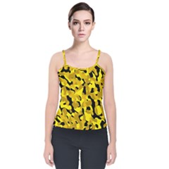 Black And Yellow Camouflage Pattern Velvet Spaghetti Strap Top by SpinnyChairDesigns
