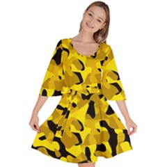 Black And Yellow Camouflage Pattern Velour Kimono Dress by SpinnyChairDesigns