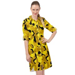 Black And Yellow Camouflage Pattern Long Sleeve Mini Shirt Dress by SpinnyChairDesigns