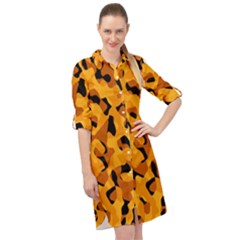 Orange And Black Camouflage Pattern Long Sleeve Mini Shirt Dress by SpinnyChairDesigns
