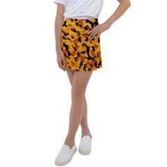 Orange And Black Camouflage Pattern Kids  Tennis Skirt by SpinnyChairDesigns