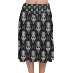 Grey Aliens Extraterrestrials Ufo Faces Velvet Flared Midi Skirt by SpinnyChairDesigns