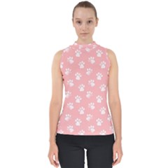 Animal Cat Dog Prints Pattern Pink White Mock Neck Shell Top by SpinnyChairDesigns