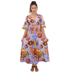 Cosmos Flowers Brown Kimono Sleeve Boho Dress by DinkovaArt