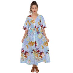 Cosmos Flowers Ligh Blue Kimono Sleeve Boho Dress by DinkovaArt