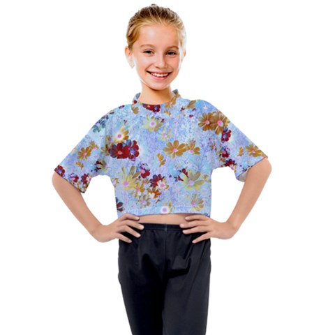 Cosmos Flowers Ligh Blue Kids Mock Neck Tee by DinkovaArt