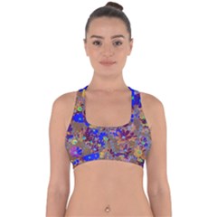 Cosmos Flowers Brown Blue Cross Back Hipster Bikini Top  by DinkovaArt