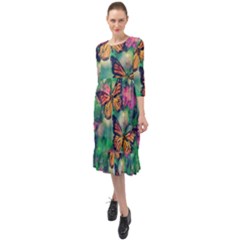 Watercolor Monarch Butterflies Ruffle End Midi Chiffon Dress by SpinnyChairDesigns