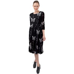 Black And White Butterfly Pattern Ruffle End Midi Chiffon Dress by SpinnyChairDesigns