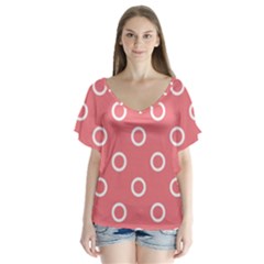 Coral Pink And White Circles Polka Dots V-neck Flutter Sleeve Top by SpinnyChairDesigns