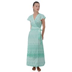 Biscay Green Floral Print Flutter Sleeve Maxi Dress by SpinnyChairDesigns